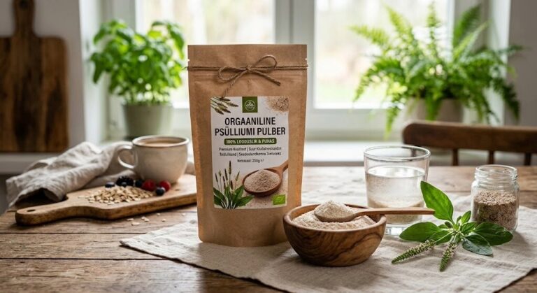 Orgaaniline psülliumi pulber – 100% looduslik, suure kiudainesisaldusega. Orgaaniline psülliumi pulber – kraftpakend, puukauss pulbriga ja klaas vett