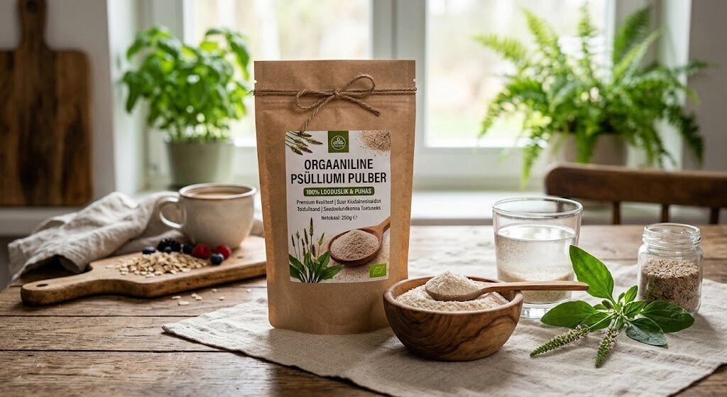 Orgaaniline psülliumi pulber – 100% looduslik, suure kiudainesisaldusega. Orgaaniline psülliumi pulber – kraftpakend, puukauss pulbriga ja klaas vett